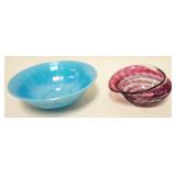 1250	2 PIECE CONTEMPORARY ART GLASS LOT, CRANBERRY WITH BLUE SWIRL SIGNED MICHEAL EGAN *97*