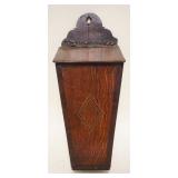 1252	ANTIQUE OAK INLAID TAPERED HANGING CANDLE BOX W/LEATHER HINGE LID, LOSS TO LEATHER, APPROXIMATE
