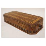 1255	ANTIQUE INLAID CRIBBAGE BOARD OCTAGON SHAPE BOX W/DRAWER, APPROXIMATELY 13 IN X 6 IN X 3 IN
