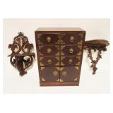 1257	LOT INCLUDING CONTEMPORARY ASIAN STYLE JEWELRY CHEST/MUSIC BOX & 2 MINIATURE HANGING WALL SHELV