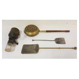1264	GROUP OF ASSORTED PRIMITIVES INCLUDING CHESTNUT ROASTER, COFFEE GRINDER & FIRE SHOVELS