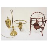 1265	BRASS STUDENT LAMP BASE & FANCY WROUGHT IRON MAGAZINE RACK, LAMP APPROXIMATELY 22 IN HIGH