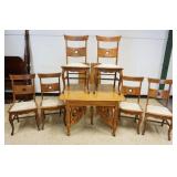 1291	ANTIQUE SQUARE OAK TABLE W/LION HEAD STRETCHER & 6 CHAIRS, 2 LEAVES, SOME STAINING ON SEATS, TA