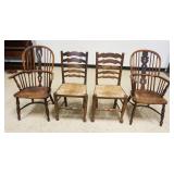 1296	LOT ASSORTED ENGLISH OAK ARM & SIDE CHAIRS, 2 W/RUSH SEATS