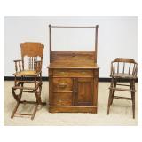1301	GROUP OF ANTIQUE OAK INCLUDING WASHSTAND & 2 HIGH CHAIRS