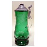 1056	BAVARIAN CRYSTAL EMERALD GREEN ETCHED GLASS STEIN JEWELED PEWTER LID, APPROXIMATELY 9 IN H. SIG