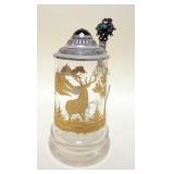 1059	BAVARIAN CRYSTAL STEIN WITH ETCHED GLASS, SCENE HAVING GILT ACCENTS, JEWELED EMERALD GREEN PEWT