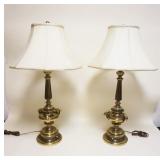 1113	PAIR OF BRASS TAPERED COLUMN & URN TABLE LAMPS, APPROXIMATELY 34 IN HIGH