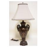 1114	ORNATE TABLE LAMP IN THE FORM OF A DOUBLE HANDLED URN W/PAINT DECORATED BIRDS