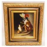 1125	CONTEMPORARY OIL PAINTING ON CANVAS OF MONKEY IN HEAD DRESS, APPROXIMATELY 15 IN X 17 IN OVERAL