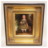 1126	CONTEMPORARY OIL PAINTING ON CANVAS IN GILT FRAME, ARTIST SIGNED, PORTRAIT OF YOUNG GIRL & DOG,