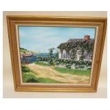 1136	OIL PAINTING ON CANVAS SIGNED JAMES W MADDOCKS OF COTTAGE ON SHORE, APPROXIMATELY 26 IN X 29 IN