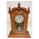 1149	WATERBURY PRESSED OAK SHELF CLOCK W/HYDROMETER & THERMOMETER, APPROXIMATELY 4 1/2 IN X 15 IN X 