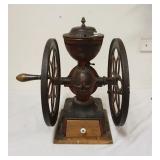 1153	ANTIQUE DOUBLE WHEEL COFFEE GRINDER, ENTERPRISE, BOTTOM WOOD DRAWER REPLACED