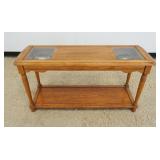 1176	SOLID OAK BASSETT SOFA TABLE W/INSET BEVELED GLASS TOP, APPROXIMATELY 53 IN X 17 IN X 27 IN HIG