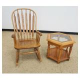 1177	OAK BENTWOOD ARROW BACK ROCKER & GLASS INSET LAMP TABLE