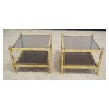 1203	PAIR OF MAISON JANSEN STYLE GILT METAL STANDS W/INSET GLASS TOPS & WOOD W/CANE LOWER SHELVES, A