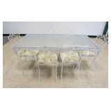 1213	WROUGHT IRON PATIO TABLE W/6 CHAIRS HAVING TAPESTRY SCENE STYLE SEATS, TABLE APPROXIMATELY 60 I