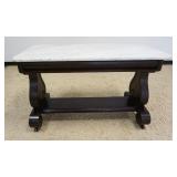 1223	EMPIRE MAHOGANY MARBLE TOP STAND W/LYRE SIDES & SCROLL FEET, APPROXIMATELY 49 IN X 23 IN X 30 I