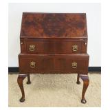 1232	WALNUT SLANT FRONT WRITING DESK, 2 DRAWER W/BURL WOOD DESK LID, APPROXIMATELY 29 IN X 16 IN X 3