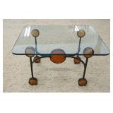 1250	MODERN GLASS TOP LAMP TABLE W/WROUGHT IRON BASE HAVING AMBER GLASS BULLSEYE, APPROXIMATELY 28 I