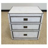 1251	RESTORATION HARDWARE WHITE DISTRESSED LEATHER CHEST, 3 DRAWER W/BRASS TACK ACCENTS, APPROXIMATE