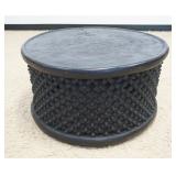 1252	BAMILEVE AFRICAN CARVED LATTICE WORK WOOD ROUND TABLE, APPROXIMATELY 34 IN X 19 IN HIGH