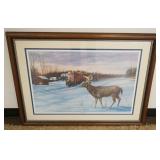 1284	LARGE FRAMED & MATTED STAG LTD PRINT AT RR EDGE W/LOCOMOTIVE, SIGNED PAUL LARRABEE 45/500 *WINT