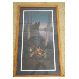 1287	LARGE FRAMED & MATTED PRINT OF BLACK BEAR APPROACHING CAMPFIRE, SIGNED DANIEL SMITH 333/1750, A