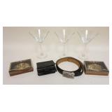1313	HARLEY DAVIDSON LOT INCLUDING MARTINI GLASSES, BELT BUCKLES & BELT, LEATHER POUCH