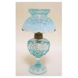 1005	MINIATURE ANTIQUE KEROSENE LAMP W/BLUE OPALESCENCE SHADE, APPROXIMATELY 7 3/4 IN HIGH