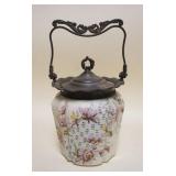 1010	VICTORIAN SATIN GLASS BISCUIT JAR W/ORNATE METAL BAIL & FLORAL DESIGN, APPROXIMATELY 9 1/2 IN H