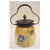 1011	ANTIQUE GLASS AMBER VICTORIAN BISCUIT JAR W/LFORAL DESIGN, APPROXIMATELY 8 IN HIGH