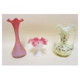 1012	LOT OF 3 PAINT DECORATED CASED GLASS VASES & COMPOTE, LARGEST APPROXIMATELY 10 IN