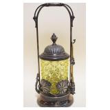 1013	VICTORIAN VASELINE GLASS PICKLE CASTER IN ORNATE SILVERPLATE HOLDER W/TONGS, APPROXIMATELY 12 1