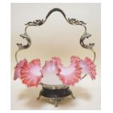 1014	VICTORIAN PICK RUFFLED EDGE CASED GLASS BRIDES BASKET IN SILVERPLATE HOLDER