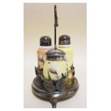 1017	VICTORIAN SALT & PEPPER CONDIMENT SET W/HAND PAINTED DESIGN IN SILVERPLATE HOLDER, APPROXIMATEL