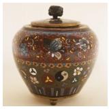 1023	ANTIQUE CLOISONNE ROUND COVERED URN, APPROXIMATELY 4 IN HIGH