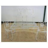 1033	CAST METAL PATIO SET, CHAIRS HAVING LYRE HARP SHAPED BACKS W/GLASS TOP TABLE, TABLE APPROXIMATE