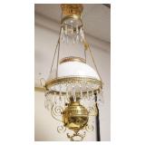 1034	VICTORIAN HANGING BRASS PARLOR LAMP, ELECTRIFIED