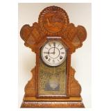 1037	ANTIQUE E INGRAHAM *PEACE* CLOCK IN PRESSED OAK CASE W/CANONS, CANON BALLS, AMERICAN FLAGES, PE