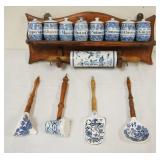 1048	BLUE & WHITE SPICE SET W/ROLLING PIN ON WOOD SHELF W/UTENSILS, 2 LIDS W/CHIPS
