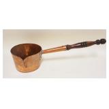 1050	LARGE ANTIQUE COPPER LADLE W/SPOUT, DOVETAILED BOTTOM & WOOD HANDLE, APPROXIMATELY 25 IN LONG X