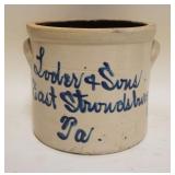 1070	LODER & SONS EAST STROUDSBURG PA STONEWARE CROCK, BLUE SCRIPT, APPROXIMATELY 8 IN X 7 IN HIGH