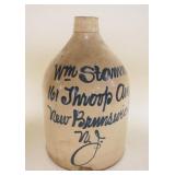 BLUE SCRIPT DECORATED STONEWARE JUG, WM STAMM NEW BRUNSWICK NJ, APPROXIMATELY 12 IN HIGH