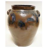 1083	4 GAL BLUE DECORATED STONEWARE CROCK W/TILT & FIRING DEFECTS, APPROXIMATELY 14 IN HIGH