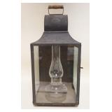 1092	LARGE ANTIQUE TIN KEROSENE LANTERN W/HANDLE & HANGER FOR PORCH MOUNT, APPROXIMATELY 11 IN X 11 
