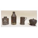 1097	GROUP OF ASSORTED ANTIQUE TIN CANISTERS, SHAKER, & ROUND COVERED BOX, TALLEST APPROXIMATELY 7 1