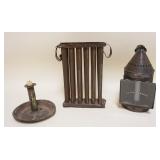 1098	ANTIQUE TIN CANDLE MOLD, PUSH UP CANDLESTICK, & PIERCED TIN CANDLE LANTERN, TALLEST APPROXIMATE