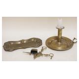 1099	ANTIQUE BRASS PUSH UP CANDLESTICK W/SNUFFER & TRAY